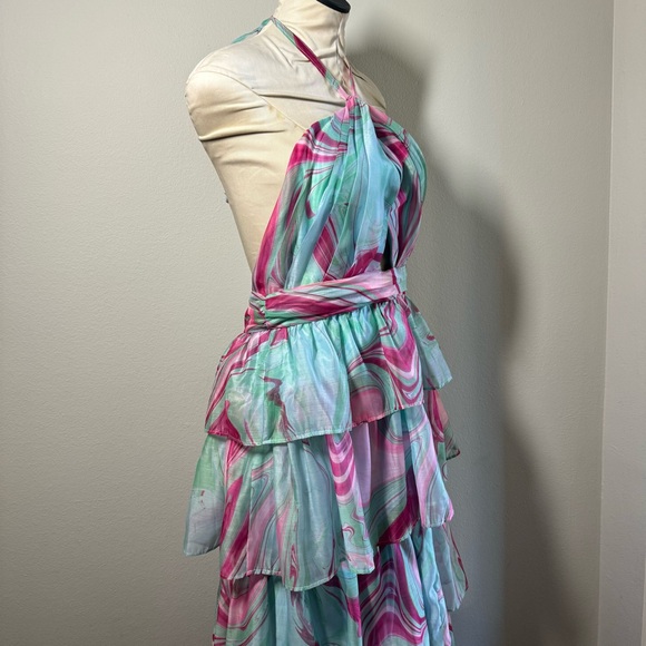 NWT OLIVACEOUS Candy Swirl Pink & Green Tiered Maxi Dress Halter Neck Sz Large - Picture 5 of 10